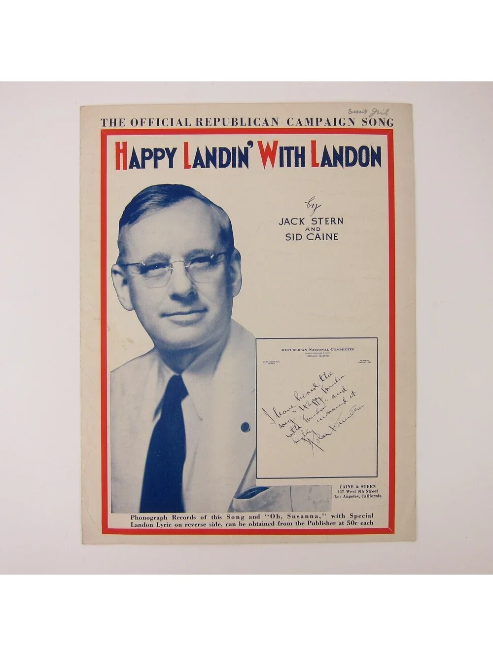 Alf Landon Presidential Campaign 1936 Sheet Music Happy Landin' With Landon
